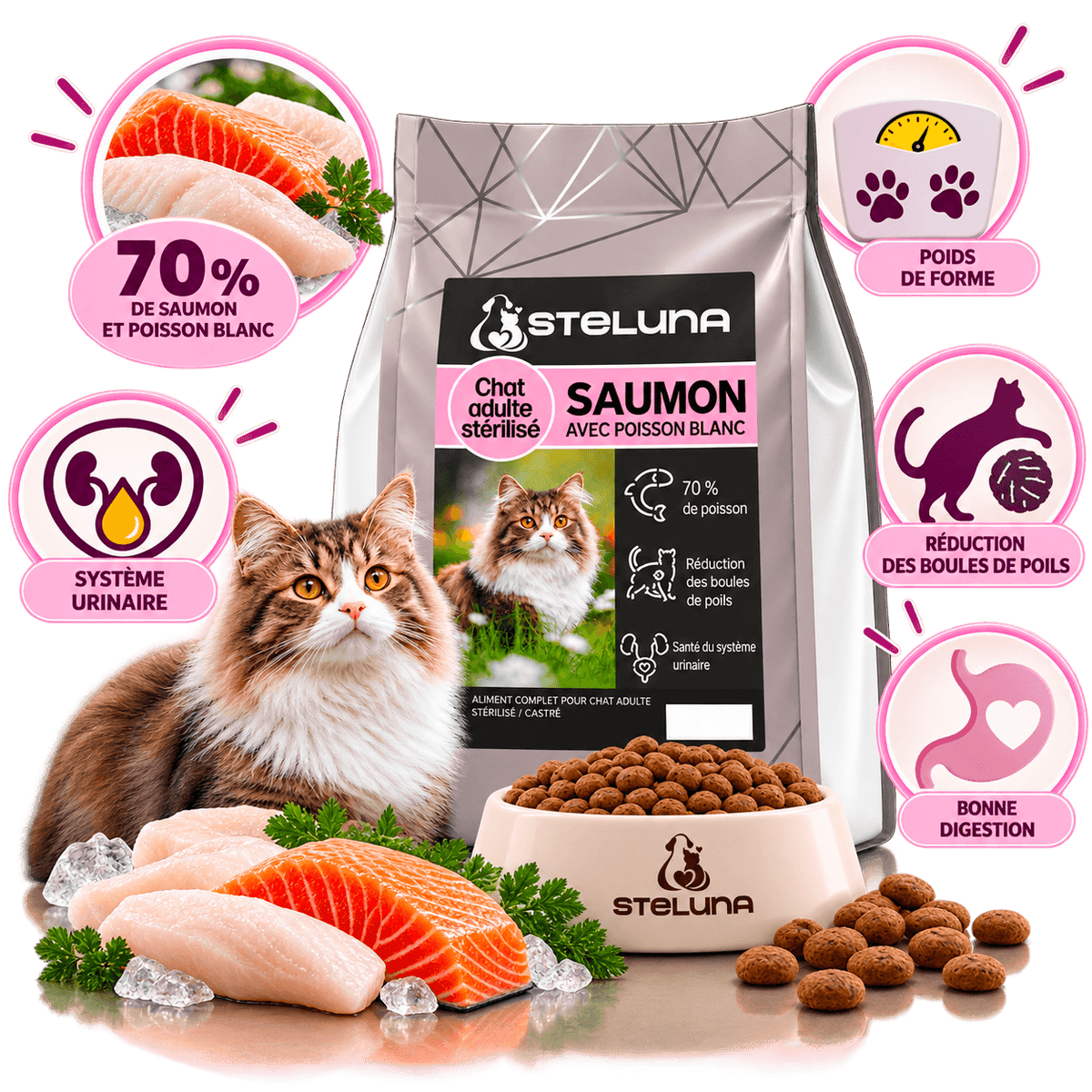 Croquettes Chat Adulte Stérilisé - Saumon et Poisson Blanc