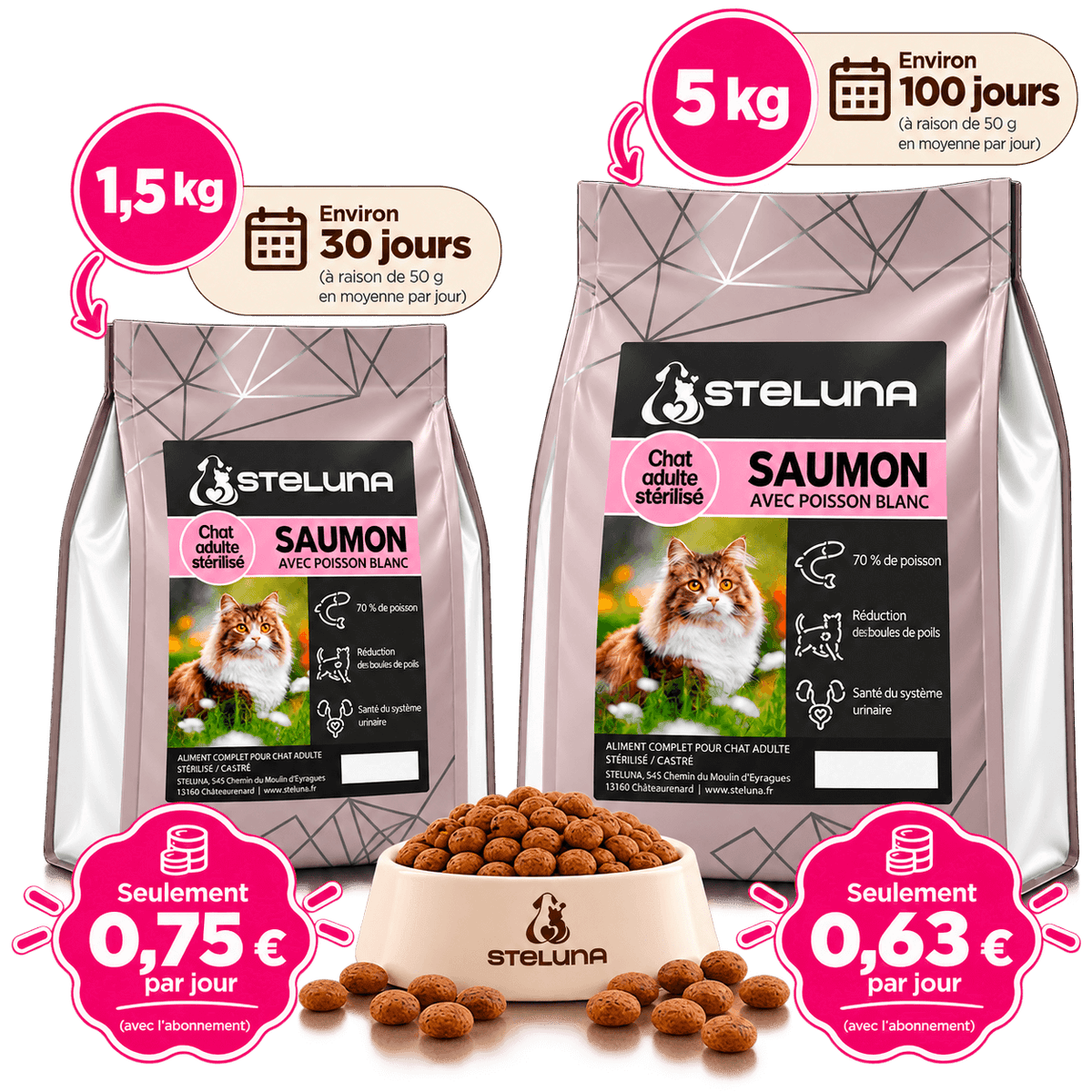 Croquettes Chat Adulte Stérilisé - Saumon et Poisson Blanc